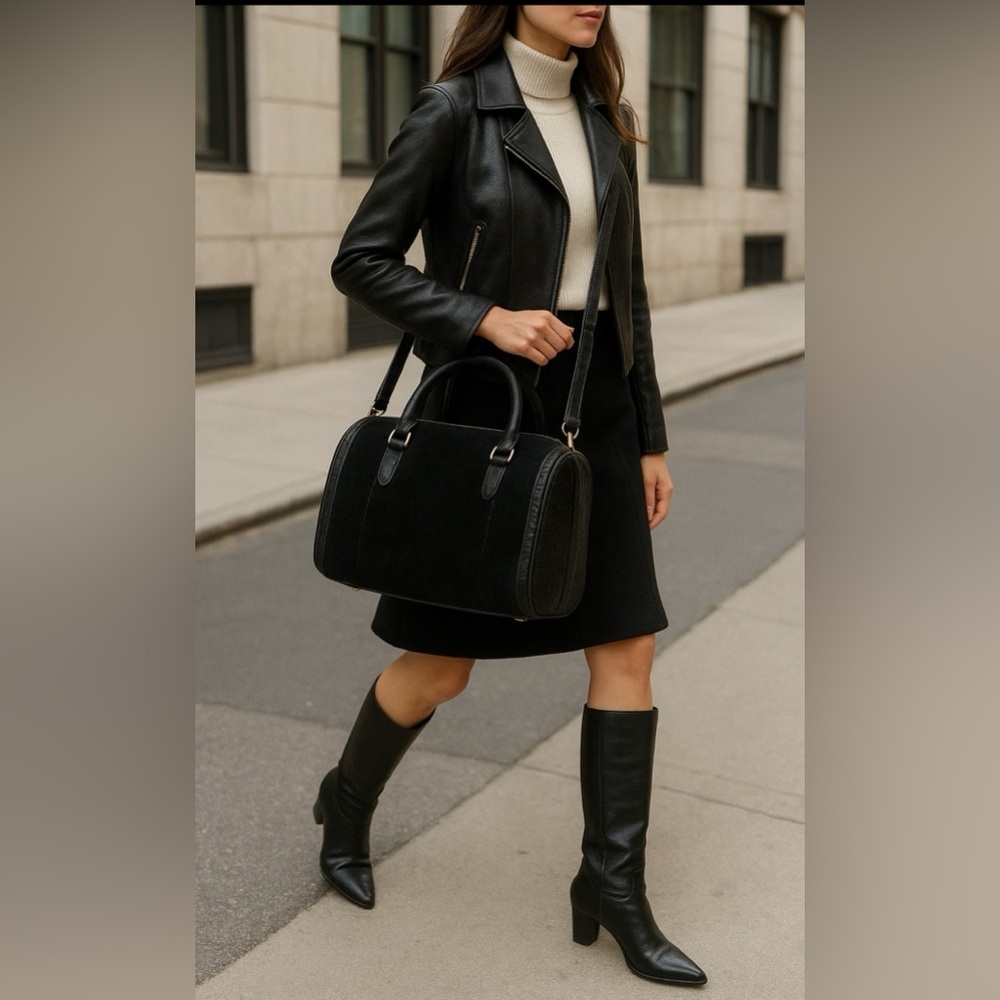 Street Level Suede Crocodile embossed black leather crossbody bag